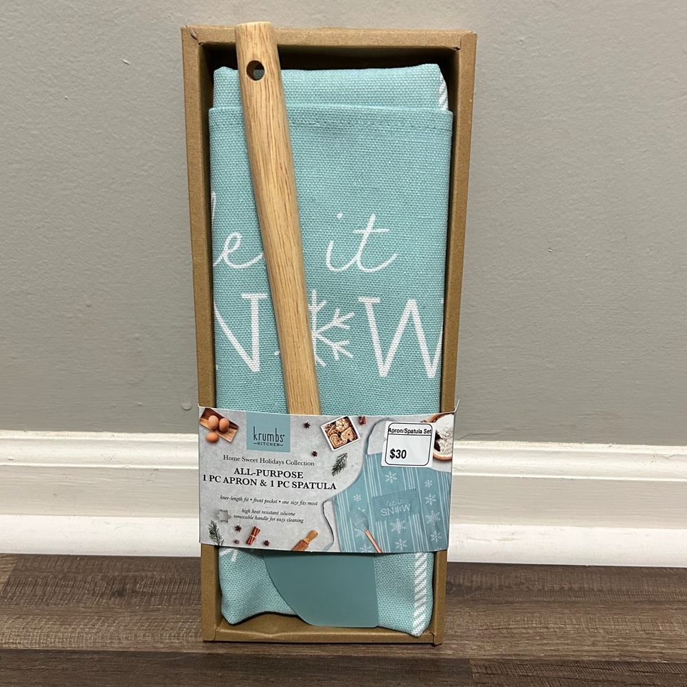 Krumbs Kitchen Holiday Apron Spatula Set Snowflakes Baking Kitchen Gift New $30